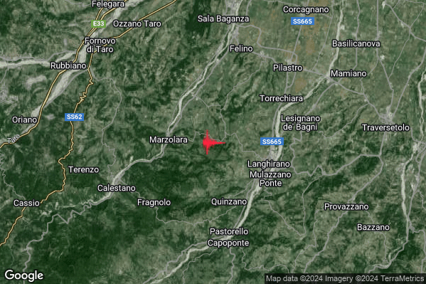Leggero Terremoto M3.1 epicentro 5 km W Langhirano (PR) alle 19:59:28 (18:59:28 UTC)