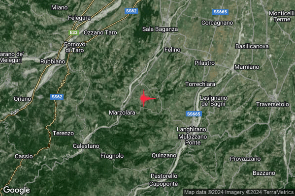 Lieve Terremoto M2.1 epicentro 6 km NW Langhirano (PR) alle 00:43:42 (23:43:42 UTC)