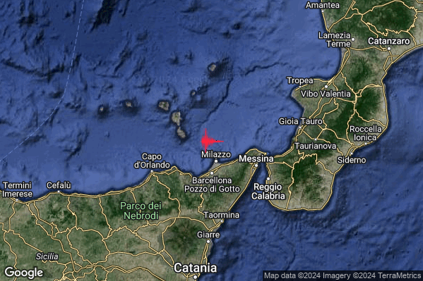 Debole Terremoto M2.5 epicentro Costa Siciliana nord-orientale (Messina) alle 16:38:02 (15:38:02 UTC)