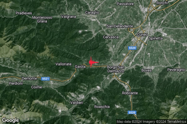 Debole Terremoto M2.5 epicentro 1 km W Roccasparvera (CN) alle 22:12:58 (21:12:58 UTC)
