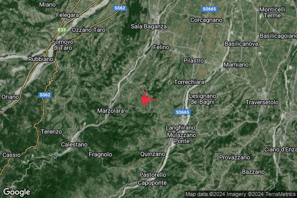 Debole Terremoto M2.7 epicentro 5 km NW Langhirano (PR) alle 22:24:35 (21:24:35 UTC)