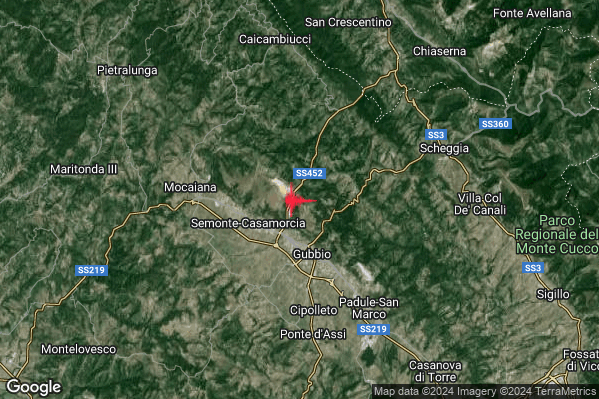 Debole Terremoto M2.6 epicentro 3 km NW Gubbio (PG) alle 09:24:00 (08:24:00 UTC)