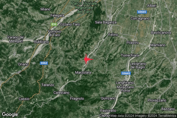 Debole Terremoto M2.4 epicentro 7 km SW Felino (PR) alle 11:39:11 (10:39:11 UTC)