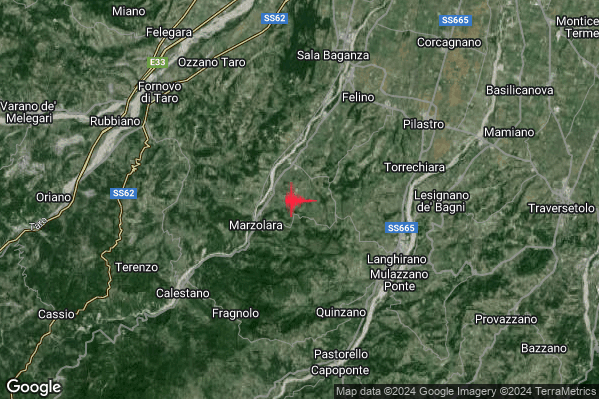 Debole Terremoto M2.6 epicentro 6 km NW Langhirano (PR) alle 02:21:49 (01:21:49 UTC)
