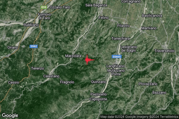 Debole Terremoto M2.4 epicentro 5 km W Langhirano (PR) alle 08:03:50 (07:03:50 UTC)