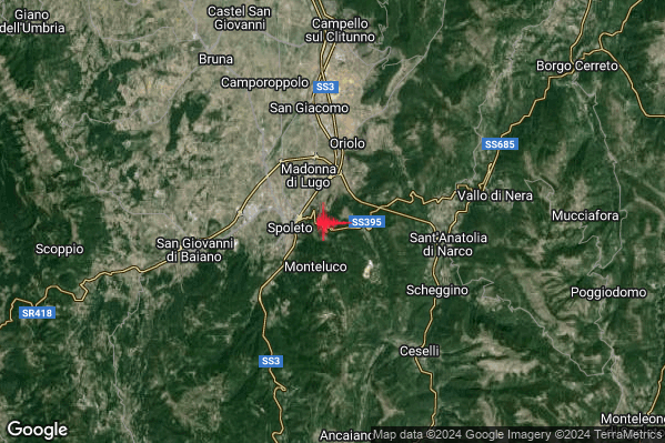 Debole Terremoto M2.3 epicentro 2 km E Spoleto (PG) alle 00:02:24 (23:02:24 UTC)
