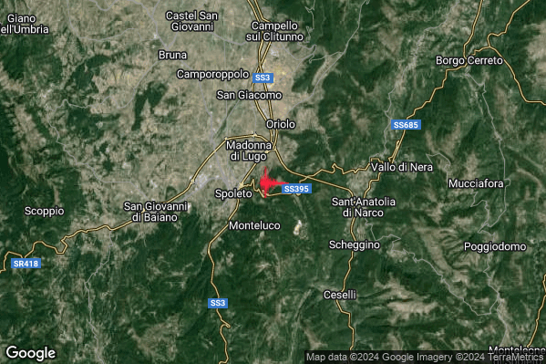 Lieve Terremoto M2.0 epicentro 3 km E Spoleto (PG) alle 00:05:10 (23:05:10 UTC)