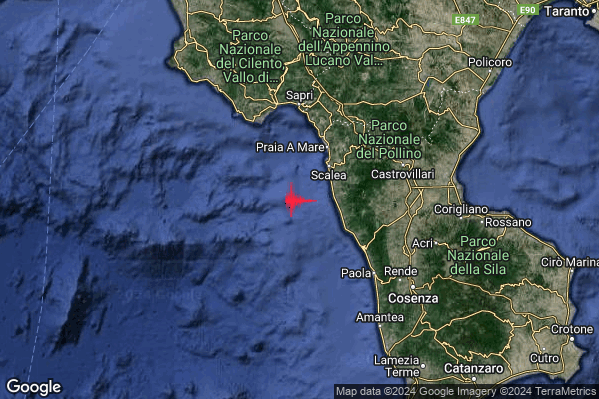 Distinto Terremoto M3.8 epicentro Costa Calabra nord-occidentale (Cosenza) alle 06:52:36 (05:52:36 UTC)