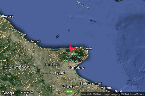 Debole Terremoto M2.4 epicentro Costa Garganica (Foggia) alle 14:33:25 (13:33:25 UTC)