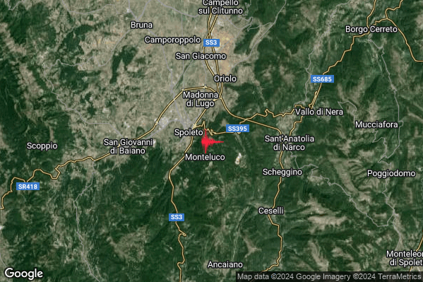 Debole Terremoto M2.4 epicentro 2 km E Spoleto (PG) alle 18:25:17 (17:25:17 UTC)