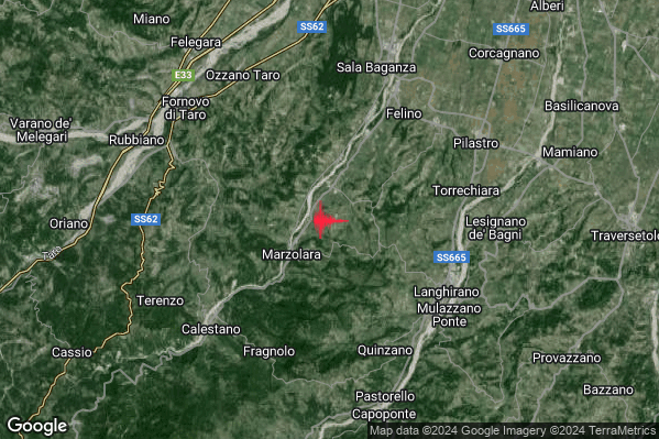 Debole Terremoto M2.4 epicentro 7 km SW Felino (PR) alle 21:50:02 (20:50:02 UTC)