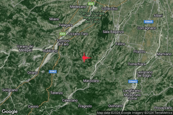 Debole Terremoto M2.3 epicentro 5 km E Fornovo di Taro (PR) alle 22:00:33 (21:00:33 UTC)