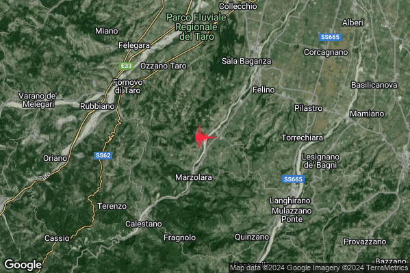 Leggero Terremoto M2.8 epicentro 6 km SW Felino (PR) alle 07:32:46 (06:32:46 UTC)