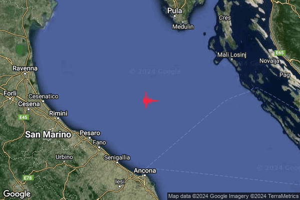 Lieve Terremoto M2.1 epicentro Adriatico Settentrionale (MARE) alle 18:15:26 (17:15:26 UTC)