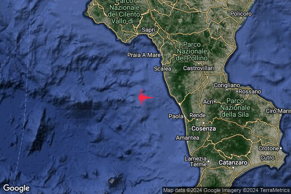Debole Terremoto M2.5 epicentro Costa Calabra nord-occidentale (Cosenza) alle 05:48:12 (04:48:12 UTC)