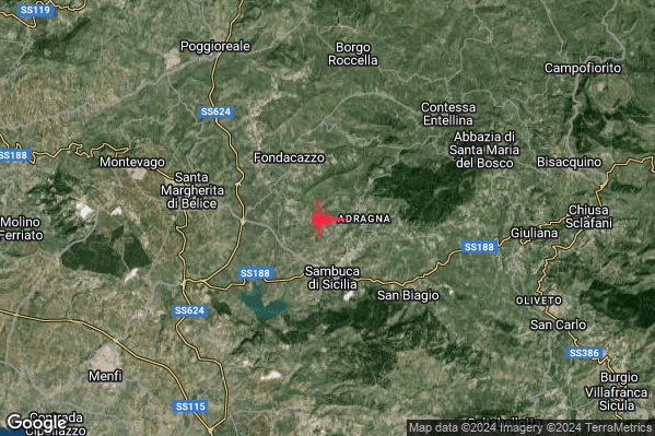 Lieve Terremoto M2.1 epicentro 3 km N Sambuca di Sicilia (AG) alle 07:36:29 (06:36:29 UTC)