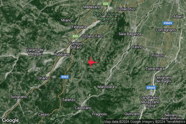 Debole Terremoto M2.3 epicentro 4 km SE Fornovo di Taro (PR) alle 08:14:12 (07:14:12 UTC)