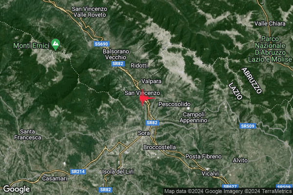 Lieve Terremoto M2.0 epicentro 3 km W Pescosolido (FR) alle 16:52:34 (15:52:34 UTC)