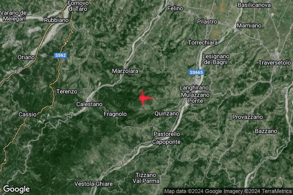 Debole Terremoto M2.4 epicentro 5 km W Langhirano (PR) alle 02:08:45 (01:08:45 UTC)