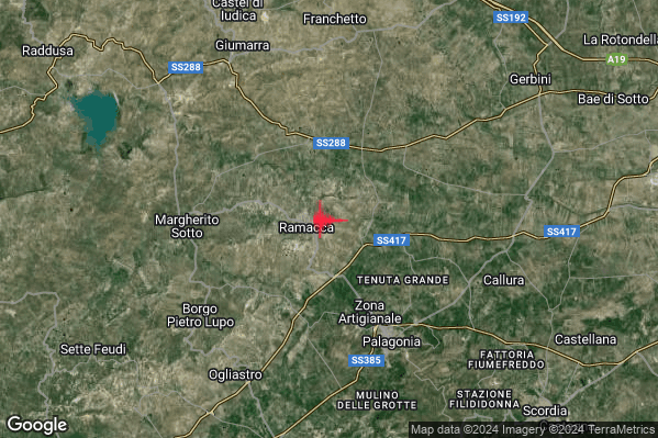Debole Terremoto M2.4 epicentro 1 km E Ramacca (CT) alle 07:20:58 (06:20:58 UTC)