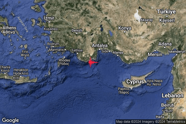 Forte Terremoto M5.0 epicentro Turkey [Sea] alle 14:55:56 (13:55:56 UTC)