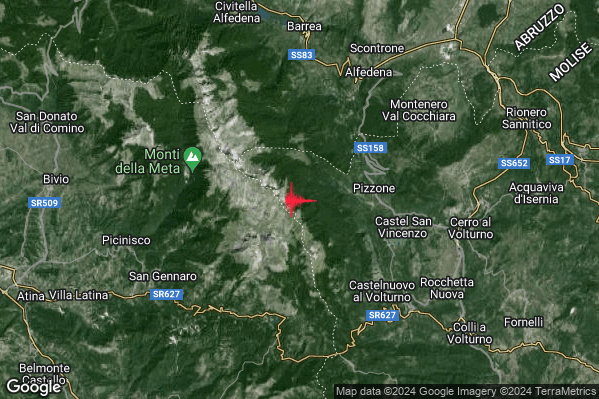Debole Terremoto M2.4 epicentro 4 km W Pizzone (IS) alle 13:39:21 (12:39:21 UTC)