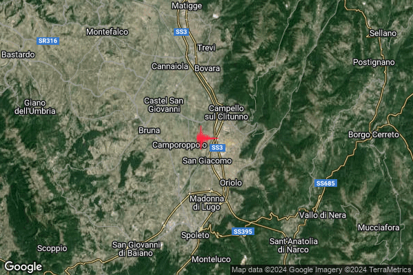 Debole Terremoto M2.5 epicentro 3 km W Campello sul Clitunno (PG) alle 13:40:37 (12:40:37 UTC)