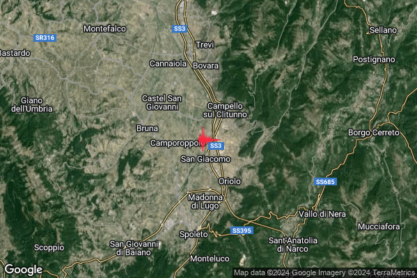 Debole Terremoto M2.3 epicentro 2 km SW Campello sul Clitunno (PG) alle 13:45:29 (12:45:29 UTC)