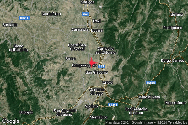 Leggero Terremoto M2.8 epicentro 3 km W Campello sul Clitunno (PG) alle 00:29:03 (23:29:03 UTC)