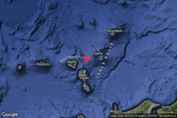 Intenso Terremoto M4.4 epicentro Isole Eolie (Messina) alle 05:37:27 (04:37:27 UTC)