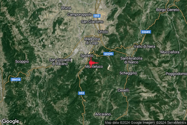 Debole Terremoto M2.4 epicentro 1 km SE Spoleto (PG) alle 20:01:18 (19:01:18 UTC)