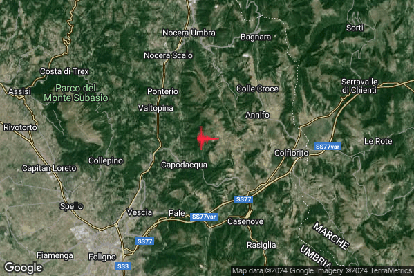 Debole Terremoto M2.3 epicentro 5 km SE Valtopina (PG) alle 21:08:18 (20:08:18 UTC)