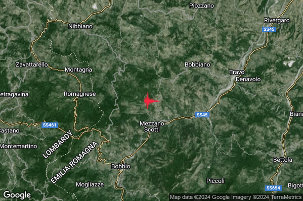 Lieve Terremoto M2.1 epicentro 6 km SE Pecorara (PC) alle 02:07:12 (01:07:12 UTC)