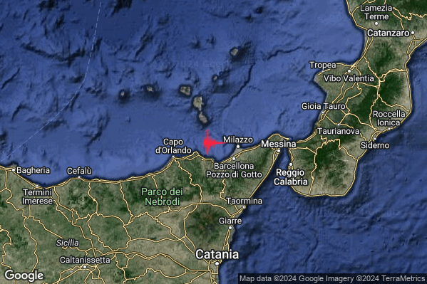 Lieve Terremoto M2.1 epicentro Costa Siciliana nord-orientale (Messina) alle 04:22:24 (03:22:24 UTC)