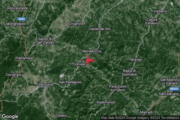 Debole Terremoto M2.3 epicentro 6 km SW Castel del Rio (BO) alle 03:01:45 (02:01:45 UTC)