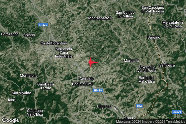 Leggero Terremoto M3.0 epicentro 3 km NE Certaldo (FI) alle 04:23:19 (03:23:19 UTC)
