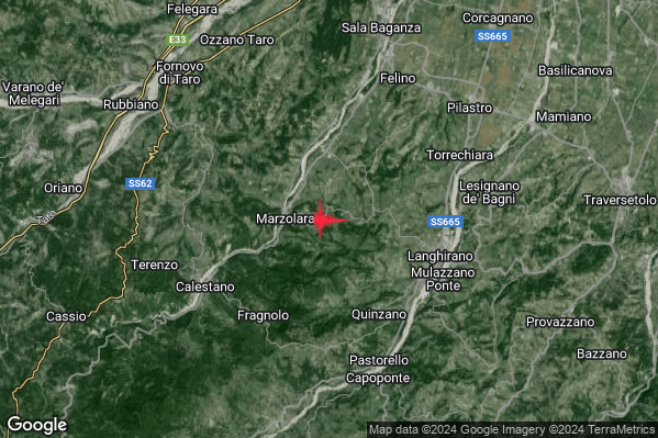 Debole Terremoto M2.3 epicentro 6 km W Langhirano (PR) alle 01:02:48 (00:02:48 UTC)