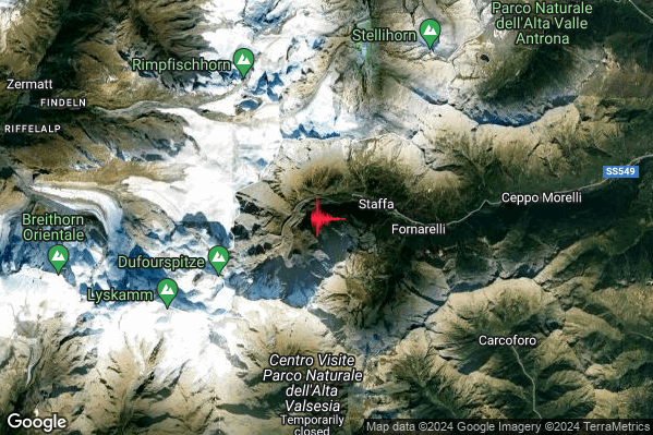 Debole Terremoto M2.3 epicentro 3 km W Macugnaga (VB) alle 15:45:57 (14:45:57 UTC)