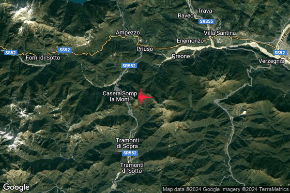 Debole Terremoto M2.3 epicentro 5 km NE Tramonti di Sopra (PN) alle 22:45:44 (21:45:44 UTC)