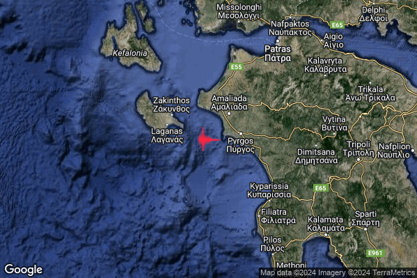 Distinto Terremoto M3.9 epicentro Costa Occidentale Peloponneso (GRECIA) alle 13:20:02 (12:20:02 UTC)