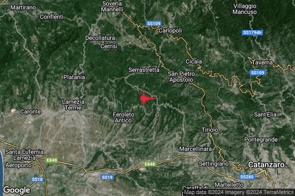 Debole Terremoto M2.4 epicentro 4 km S Serrastretta (CZ) alle 05:54:35 (04:54:35 UTC)