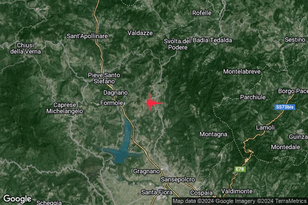 Debole Terremoto M2.4 epicentro 6 km E Pieve Santo Stefano (AR) alle 11:49:00 (10:49:00 UTC)