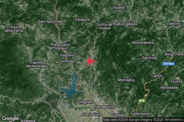Debole Terremoto M2.4 epicentro 6 km E Pieve Santo Stefano (AR) alle 13:10:57 (12:10:57 UTC)