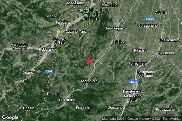 Leggero Terremoto M2.8 epicentro 6 km SW Felino (PR) alle 18:04:29 (17:04:29 UTC)
