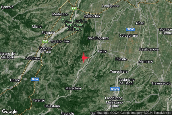 Debole Terremoto M2.4 epicentro 3 km W Felino (PR) alle 18:21:41 (17:21:41 UTC)