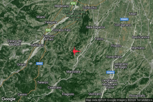 Debole Terremoto M2.6 epicentro 6 km SW Felino (PR) alle 22:20:14 (21:20:14 UTC)