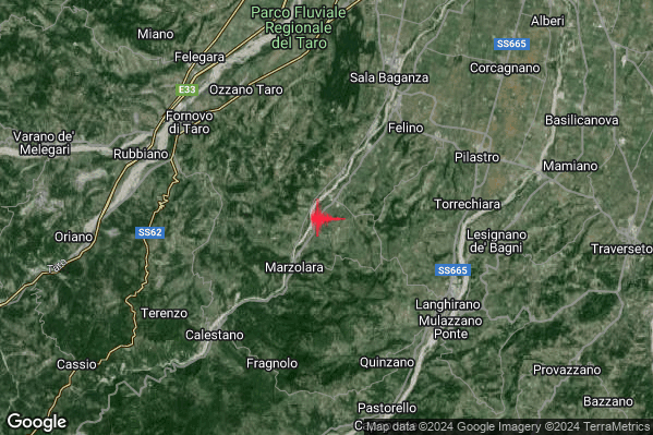 Debole Terremoto M2.4 epicentro 6 km SW Felino (PR) alle 00:00:47 (22:00:47 UTC)