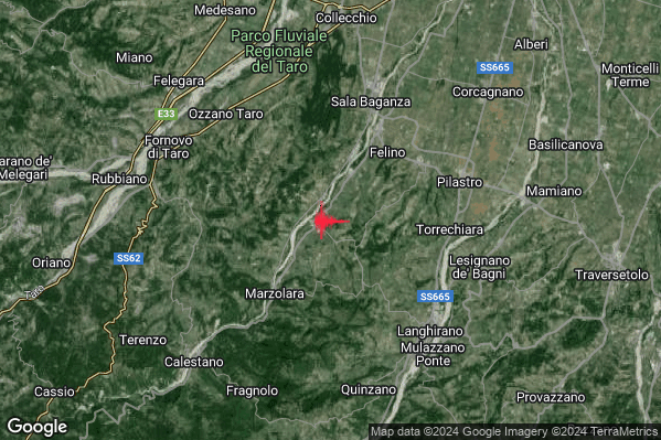 Lieve Terremoto M2.1 epicentro 5 km SW Felino (PR) alle 03:45:52 (01:45:52 UTC)