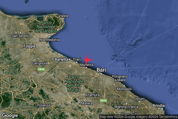 Lieve Terremoto M2.1 epicentro Costa Adriatica Barese (Bari) alle 14:31:14 (12:31:14 UTC)