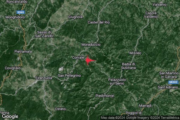 Debole Terremoto M2.5 epicentro 7 km NW Palazzuolo sul Senio (FI) alle 03:34:10 (01:34:10 UTC)